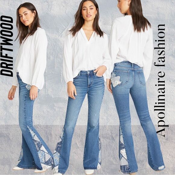 DRIFTWOOD FARRAH FLARE PATCH UP JEANS NWT POOL BLUE - Picture 1 of 9